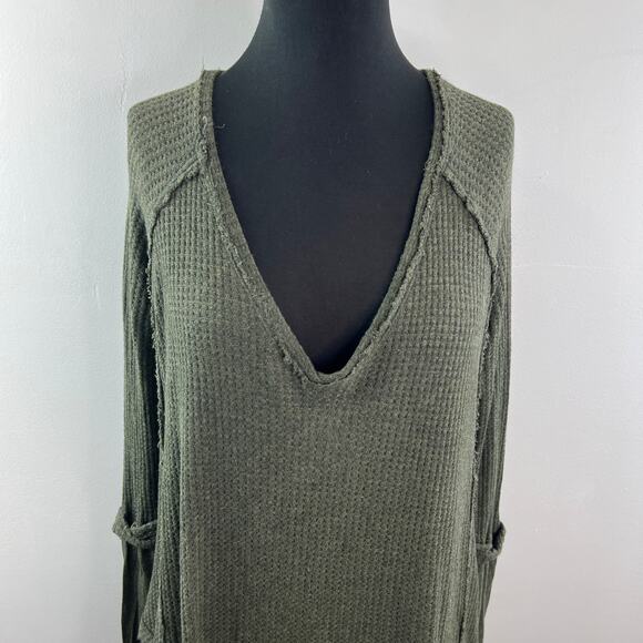 We The Free People Laguna Green Top Waffle Deep Neck Raglan Sleeve Size Small S - Picture 3 of 11